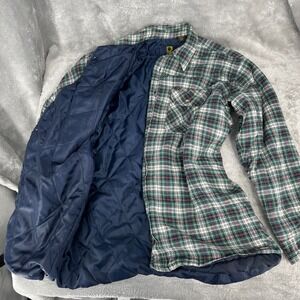 VTG 90s Rugged Blue Green Plaid Flannel Shirt Jacket Shacket Sz L Winter Outdoor